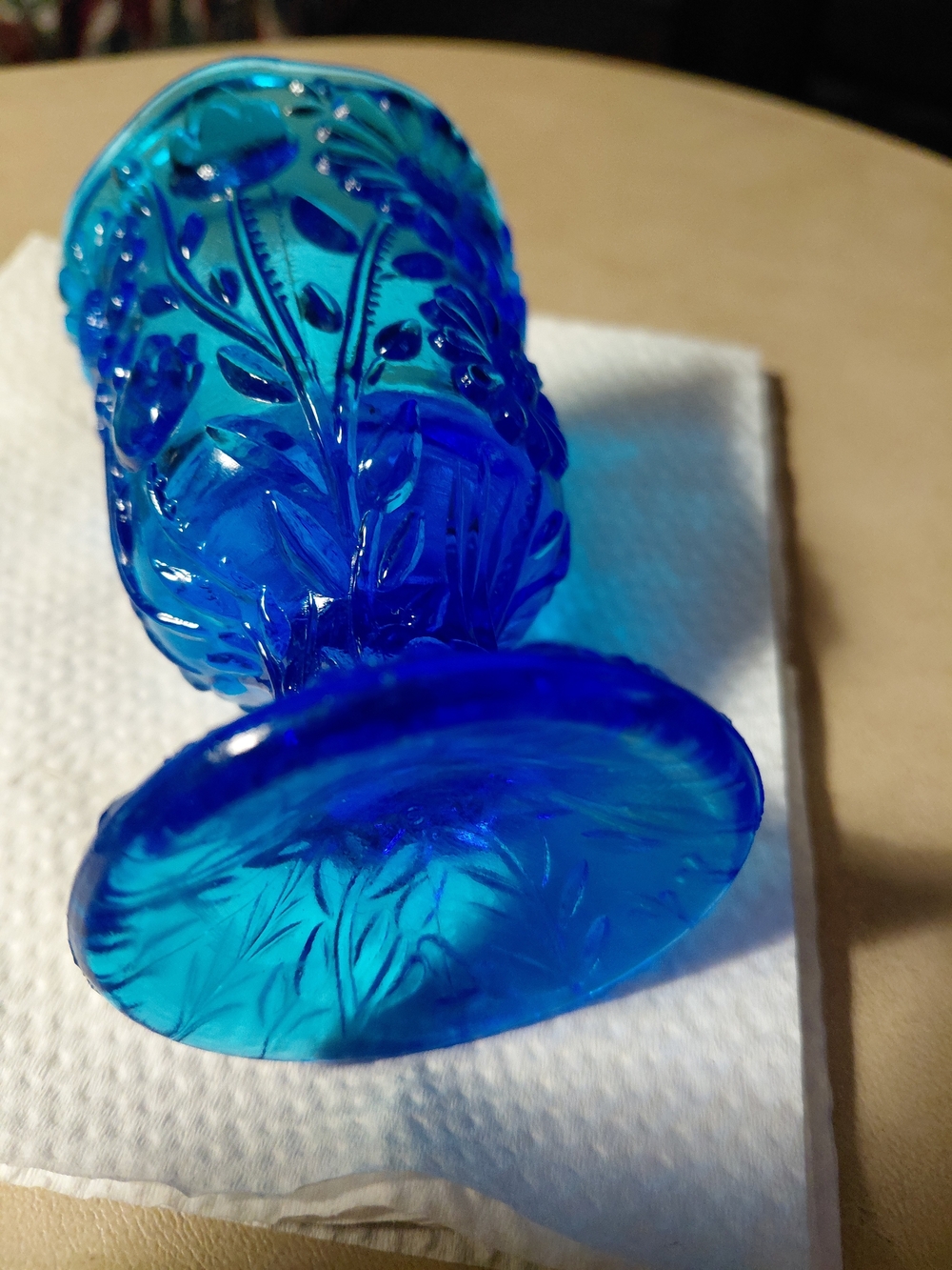 Vintage Bright Blue Floral Pressed Glass Pedestal Vase - Picture 5 of 7